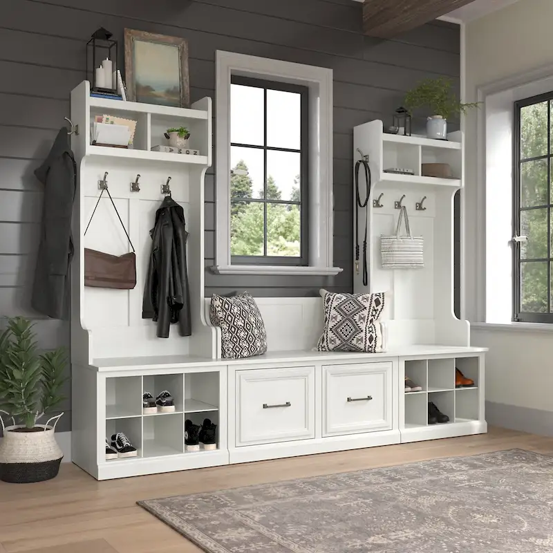 Entryway Hall Tree & Shoe Bench Set, White Ash/Gray/Brown/Black, Single