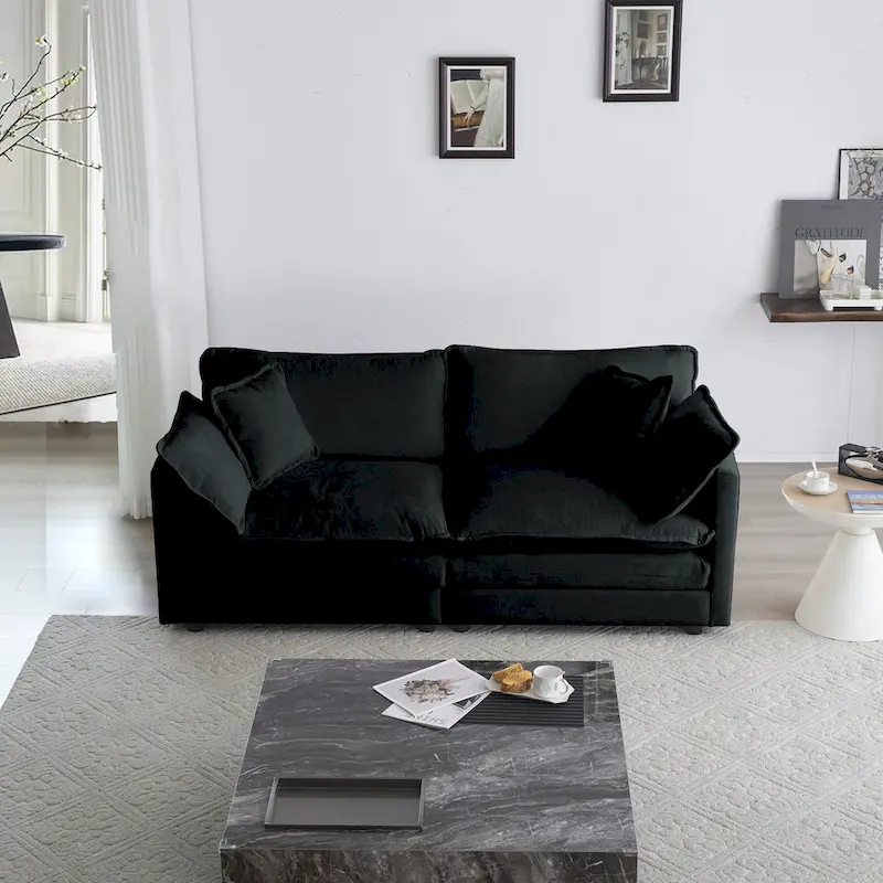 Black 4-Piece Chenille Modular Sectional Sofa with Loveseat & Ottomans