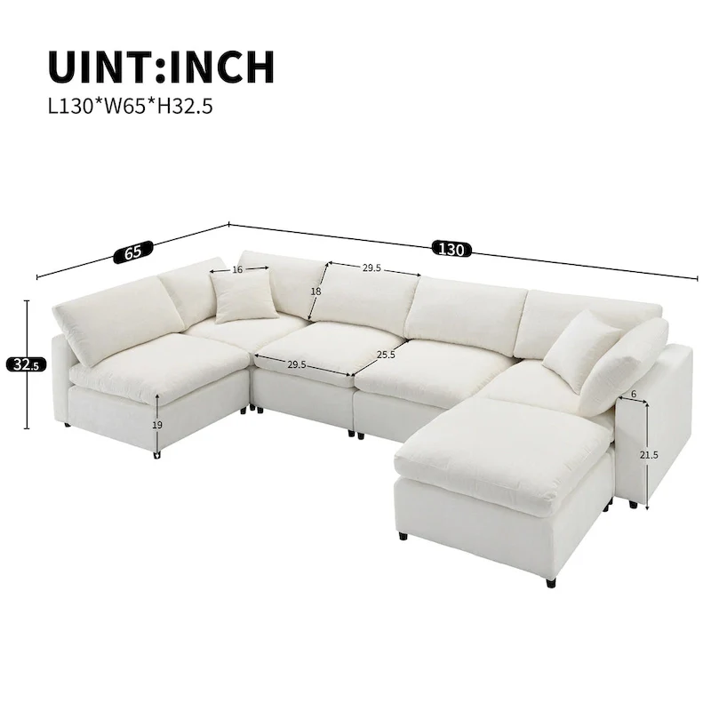6 Seat Modern Modular Cloud Sofa Bed Chenille Sectional Couch Set with Ottoman