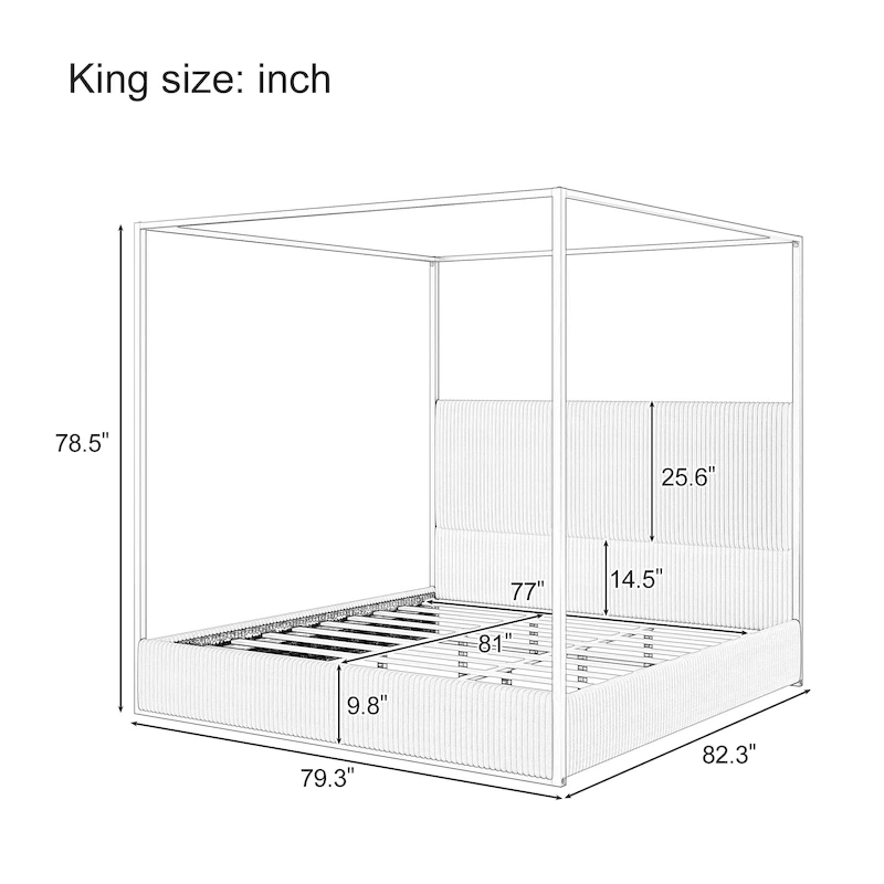 Modern Luxury Metal Canopy Bed with Tall Upholstered Headboard & Four Poster