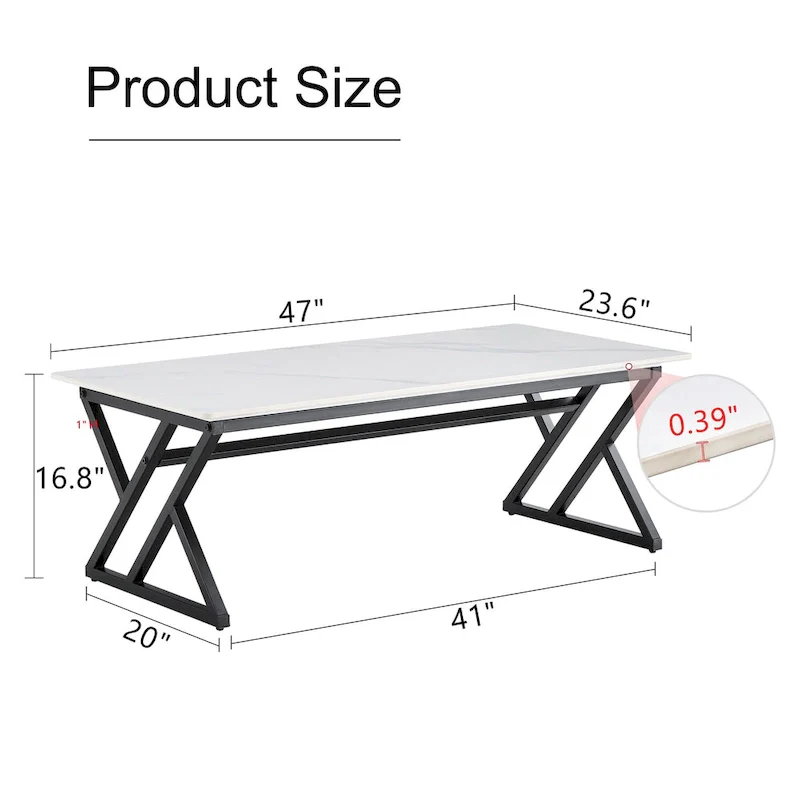 47 Modern Rectangular Coffee Table with Sintered Stone Tabletop and X-shaped Metal Legs