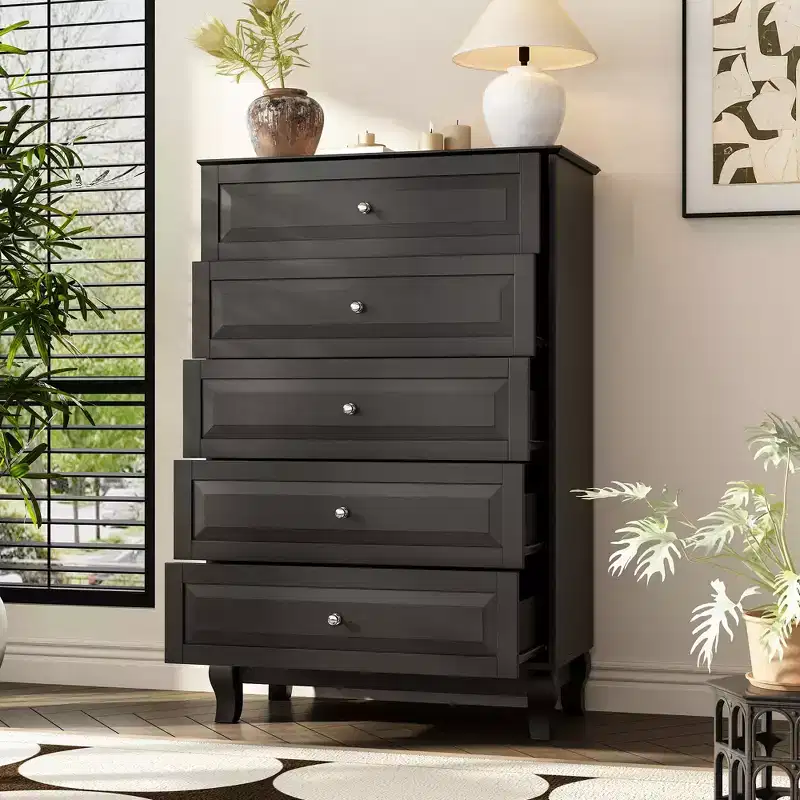 Famapy Black/White 5 - Drawer Vertical Dresser,Drawer Chest with Textured Glossy Finish,Tall Storage Cabinet,Side Tatble for Bedroom/Living Room