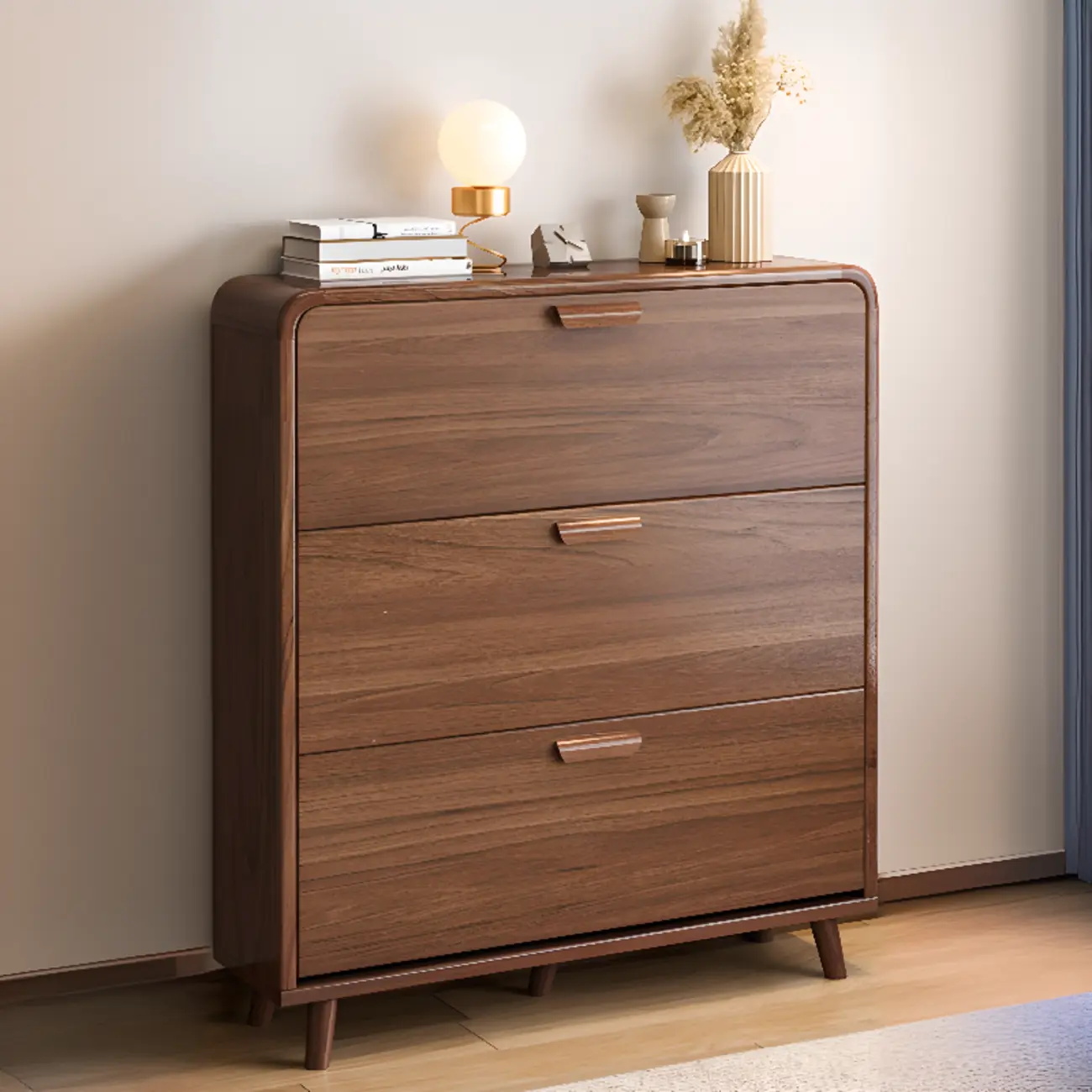 Traditional Hidden Adjustable 3 Tiers Solid Wood Shoe Cabinet