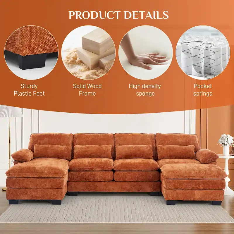 Soft Chenille Fabric U-Shaped Sectional Sofa with Double Layer Cushion