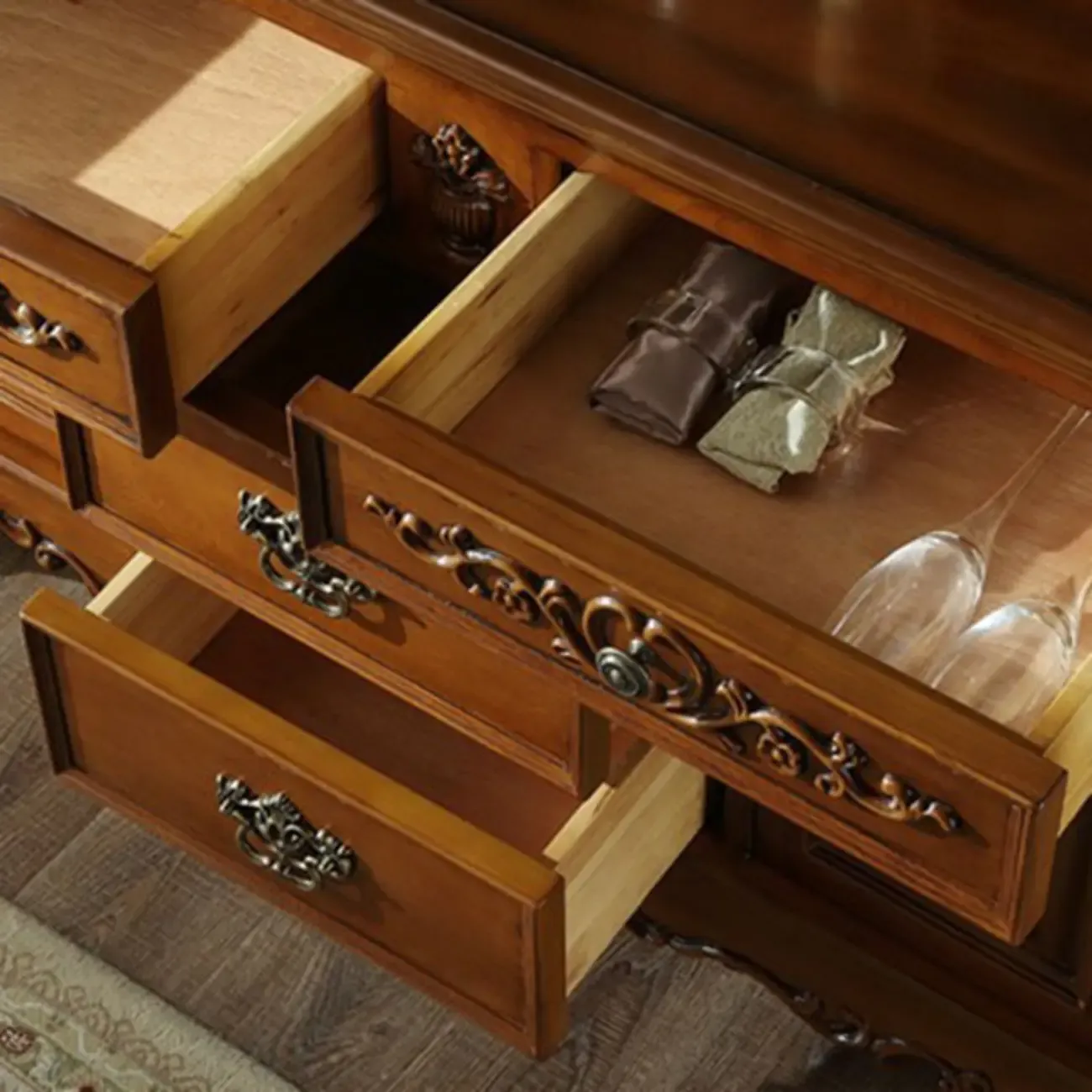 Traditional Brown Rubberwood Sideboard with Drawers