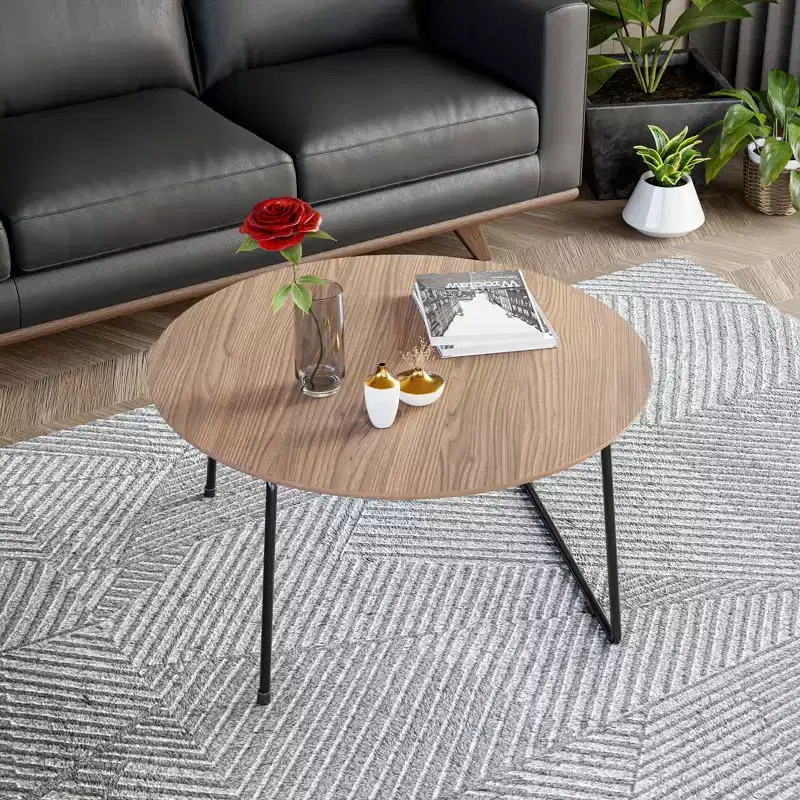 LeisureMod Pembroke Mid-Century Modern Round Coffee Table with Powder-Coated Iron Frame, Natural Wood Top