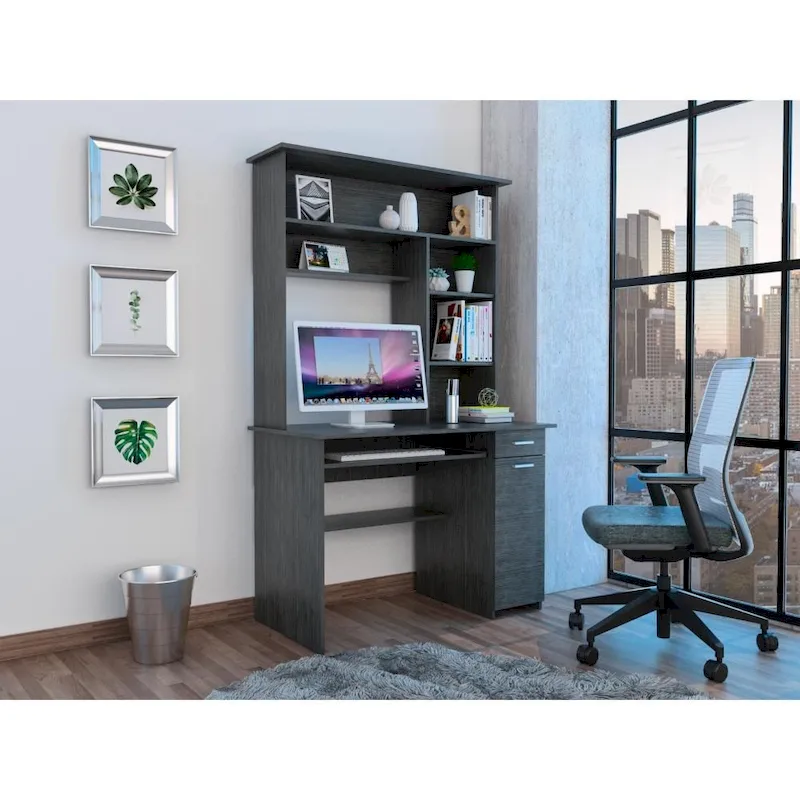 Compu 180 Hutch Desk with 5 Shelves, Retractable Keyboard Tray, CPU Panel, and Drawer