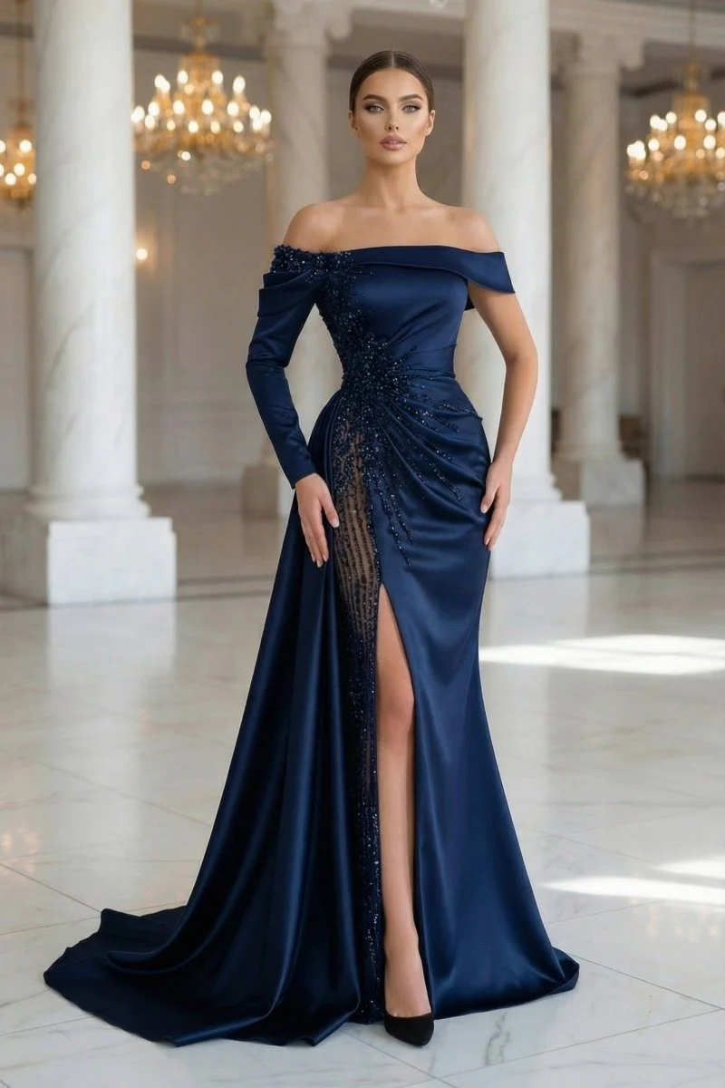 Sheath Off-The-Shoulder Long Sleeves Satin/Sequined Prom Dresses