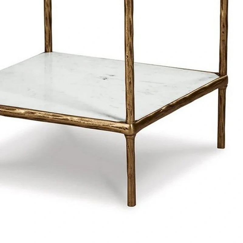 Dalie 25 Inch Accent Table, Square Glass Tabletop, Marble, Antique Gold