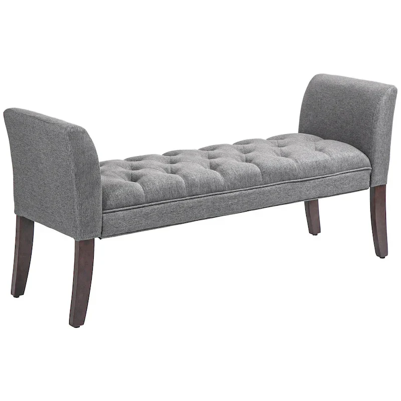 Beige Button-Tufted Upholstered Bench with Arms - 55