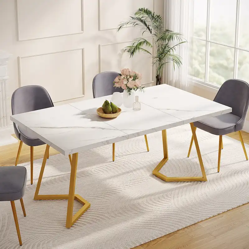 55-Inch Dining Table, Faux Marble Veneer Top, Metal Frame, Under-Table Storage, White / Rustic Brown / Light Brown, 4-6 Person Use