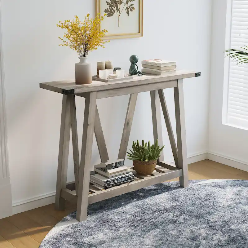 Washed Gray / Black / Brown Console Table with Storage Shelf, 1-Person Assembly