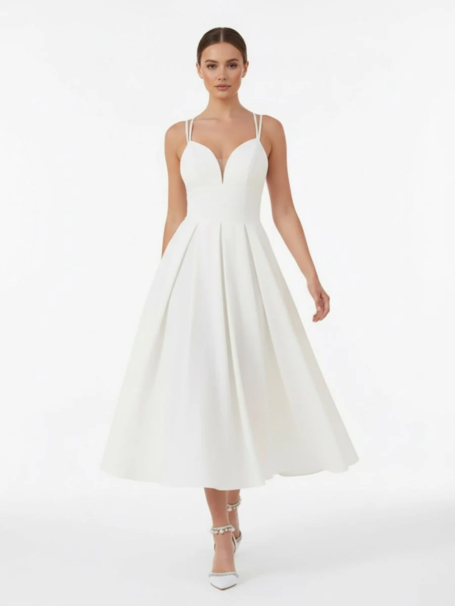 A-Line V-Neck Sleeveless Satin Knee-Length Wedding Dress