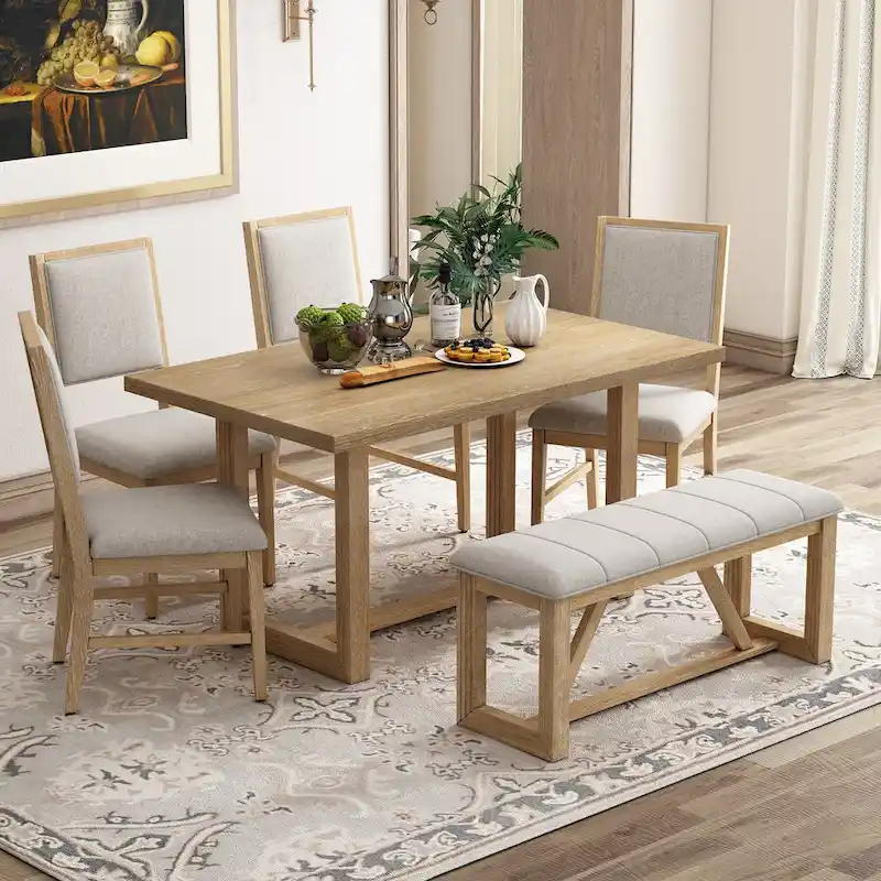 6 Piece Dining Table with Acacia Wood Rectangular Table, 4 Chairs and 1 Bench