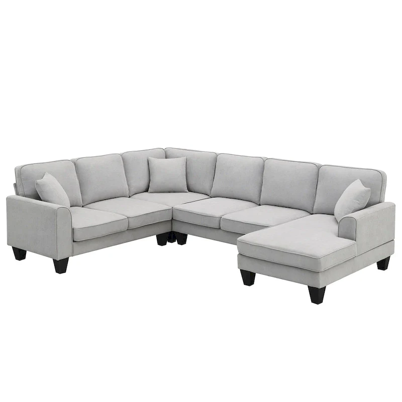 Modern U-Shaped 7-Seater Fabric Sectional Sofa Set with 3 Pillows, 108