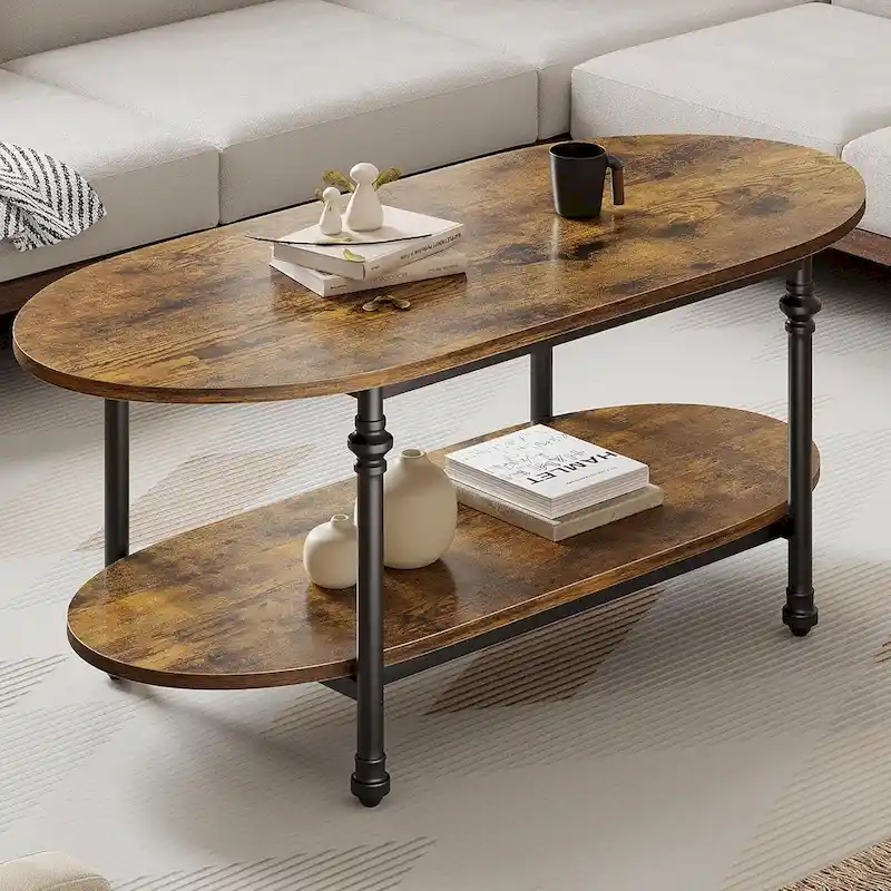 Brown/Grey Oval 2-Tier Coffee Table, 47.2