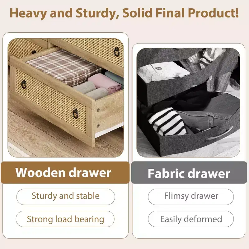 Rattan Dresser, Boho Chest of Drawers, Wooden Chest with Clothes Storage Cabinet, Drawer Organizer for Bedroom, Living Room, Hallway, Natural Oak