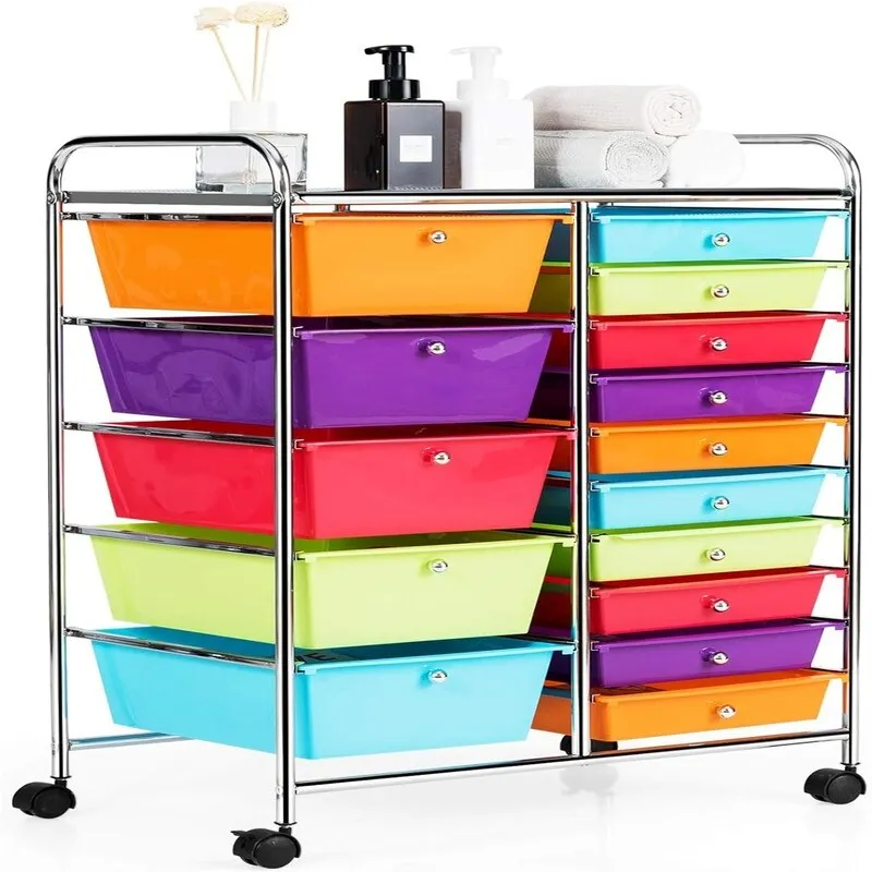 Colorful/Yellow/Black/Clear Steel 15-Drawer Rolling Storage Cart with Lockable Wheels