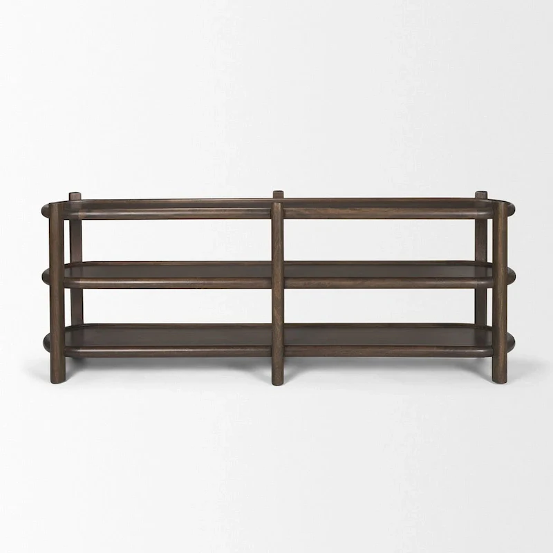 Dark Brown Wood Oval Console Table with 3 Shelves