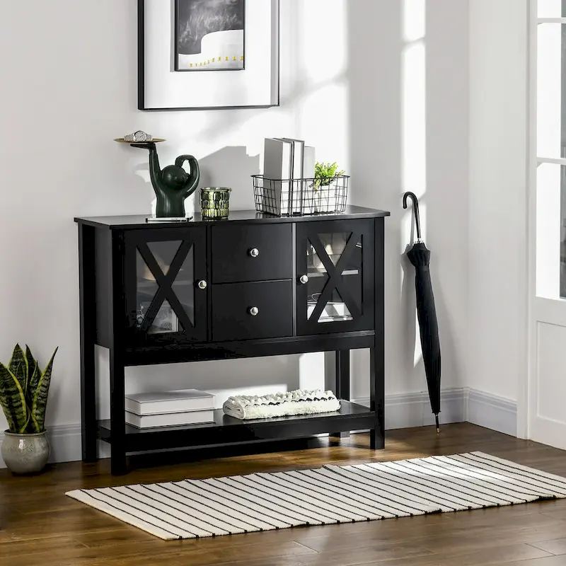 Black Modern Farmhouse Sideboard Buffet Cabinet with 2 Drawers, Glass Doors & Open Shelf – 1-Piece