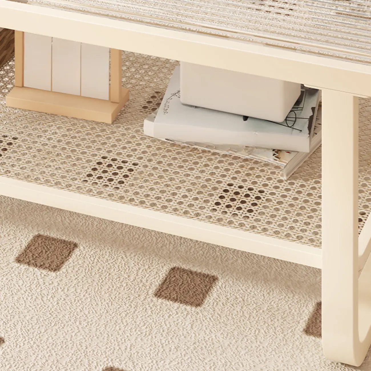 Modern White Rectangle Glass Coffee Table with Shelf