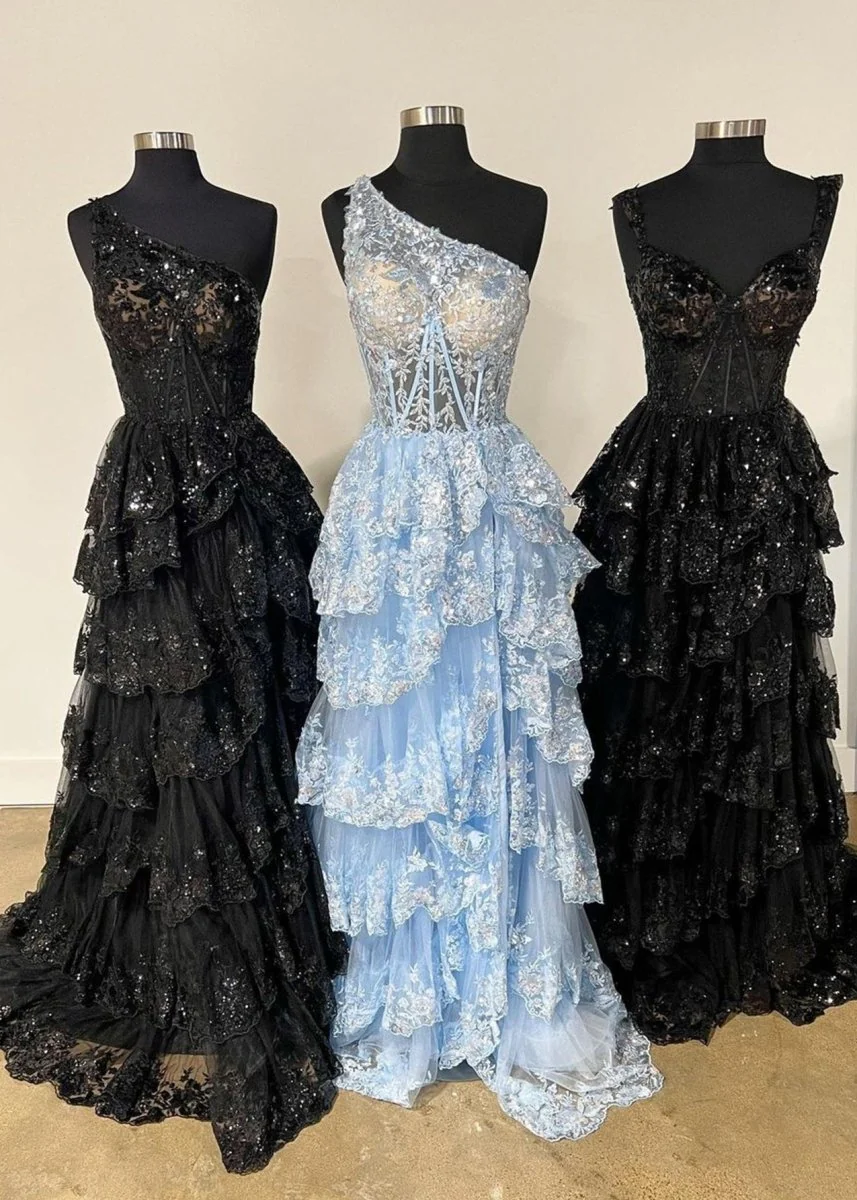 Sheath One Shoulder Tiered Lace Long Prom Dress