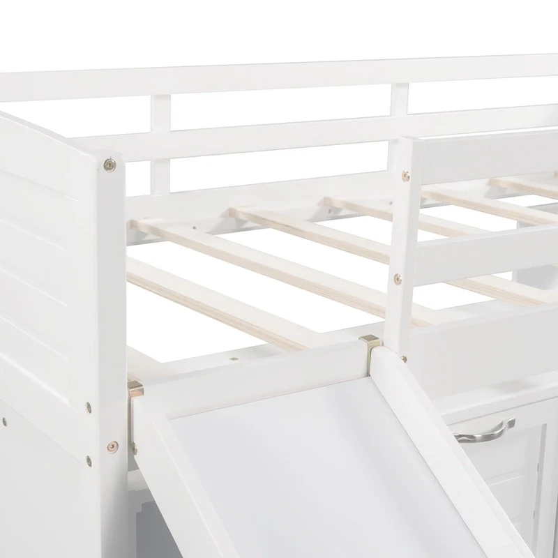 Twin Low Loft Bed with Storage Cabinets, Shelves & Ladder – White / Gray / Espresso, Pine Wood, Single