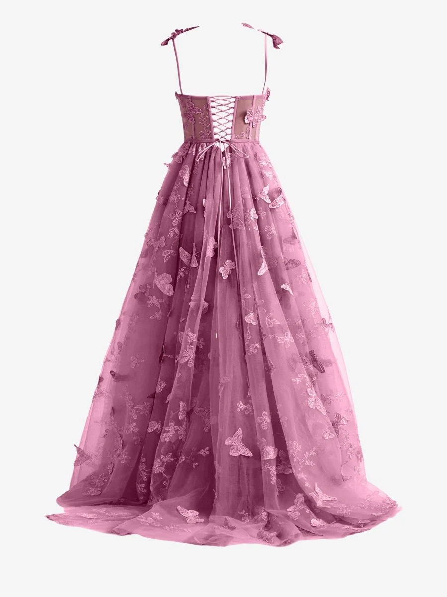 Candy Pink A-line Butterfly Lace Lilac Corset Prom Dress with Slit