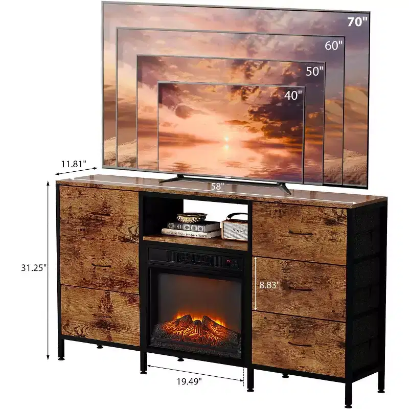 VINGLI Fireplace TV Stand Dresser with Fabric Drawer, Entertainment Center with LED Lights and Industrial TV Console Table with Open Storage Shelves