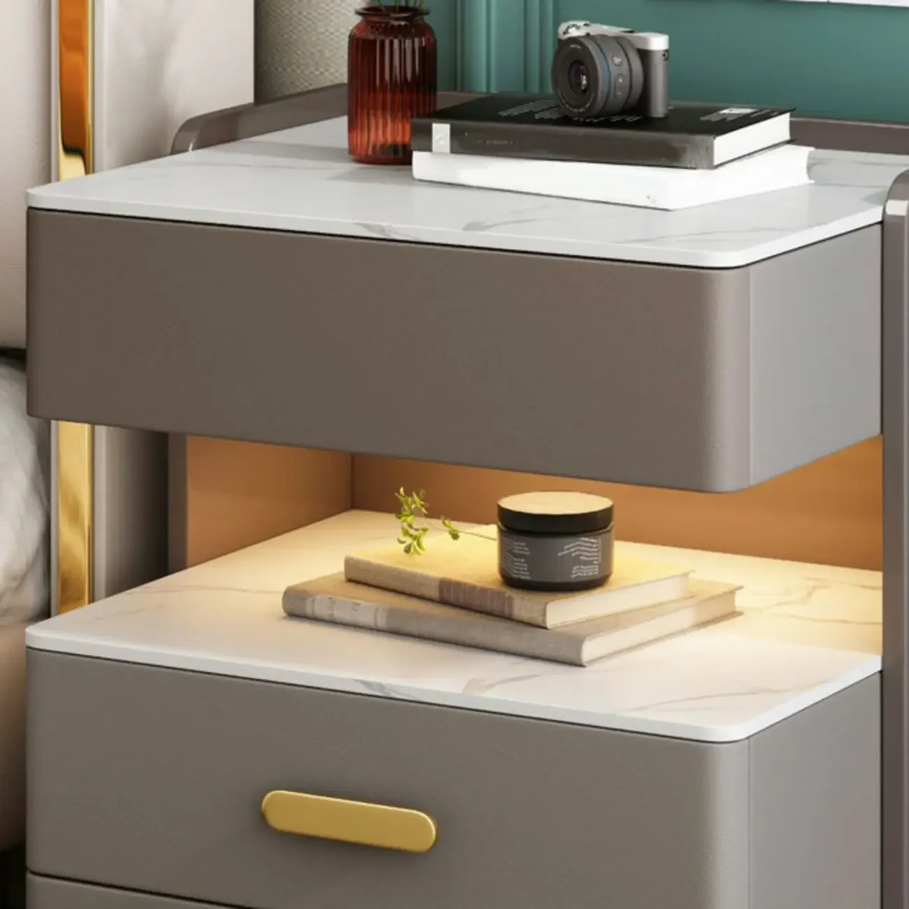 Modern Grey Bedside Table with Drawers and Stone Top