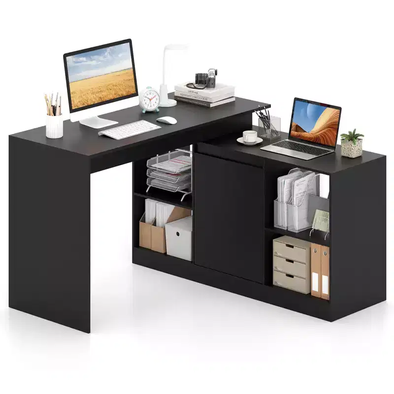 Costway 48'' Reversible L-shaped Computer Desk w/2 Doors 4 Open Storage Cubes for Office