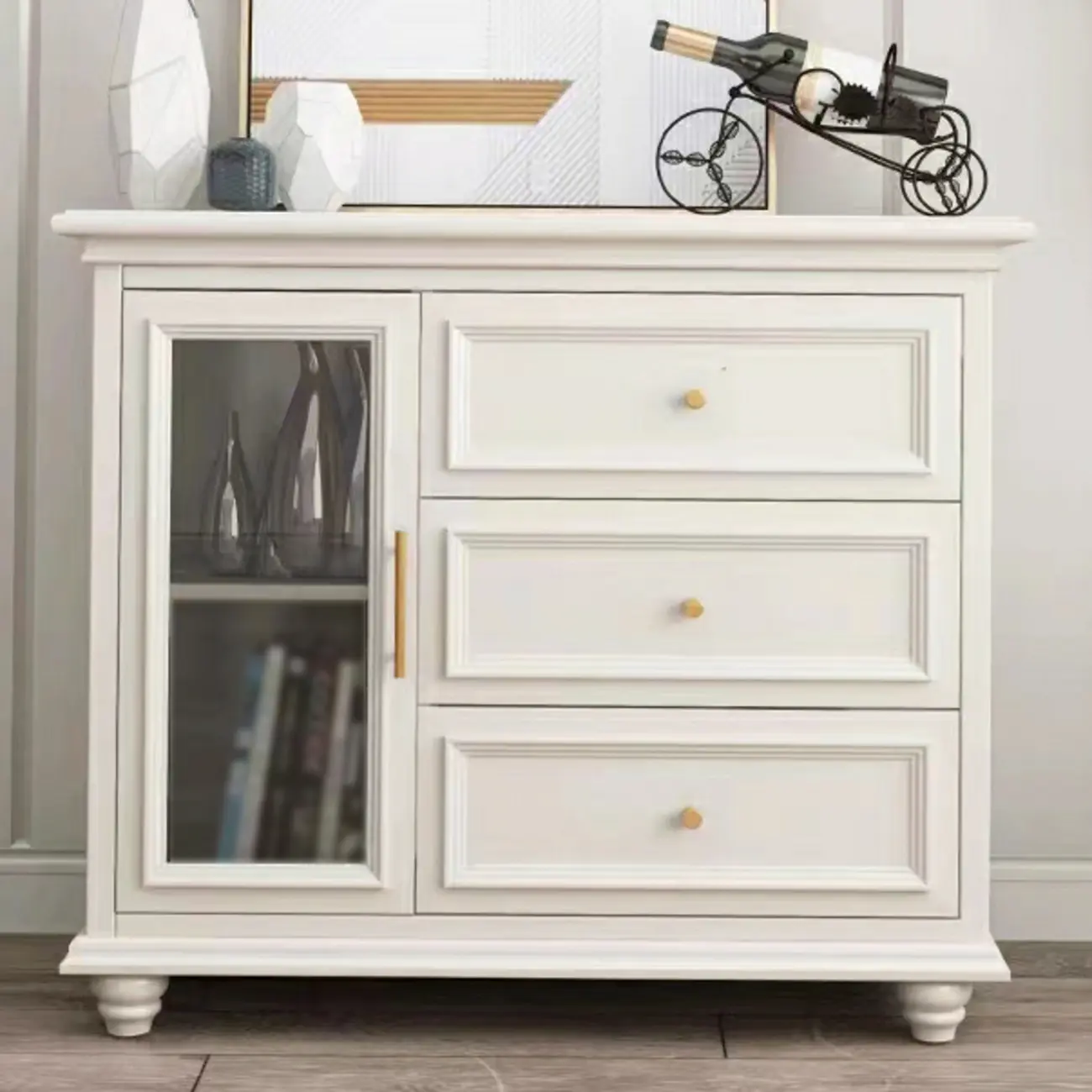 White Wooden Sideboard with 3 Drawers and Cabinets