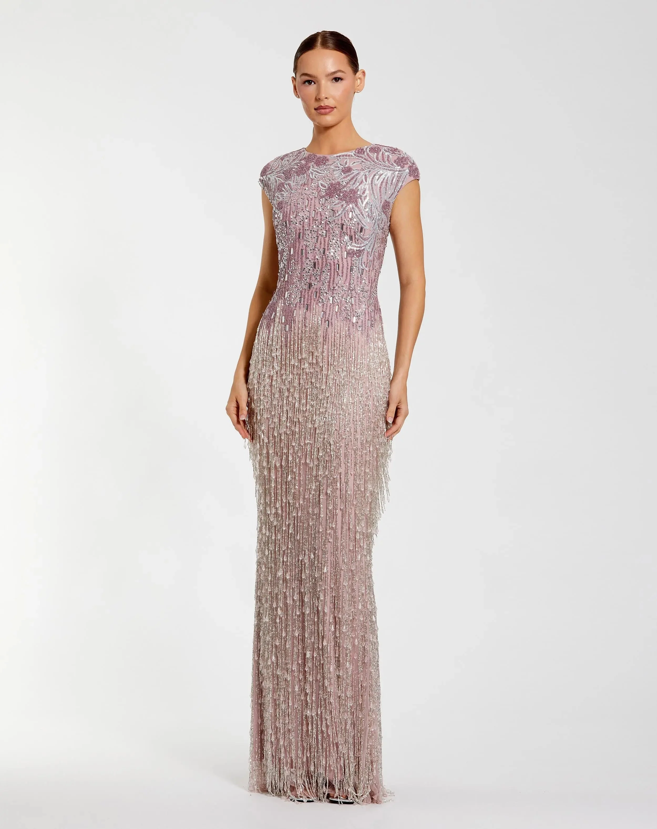 Purple Embellished Cap Sleeve Gown With Fringe Beading