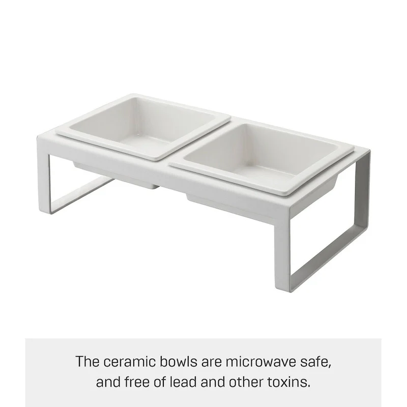 Elevated Pet Food Bowl Stand - Ceramic Bowls with Steel Frame (White/Black)
