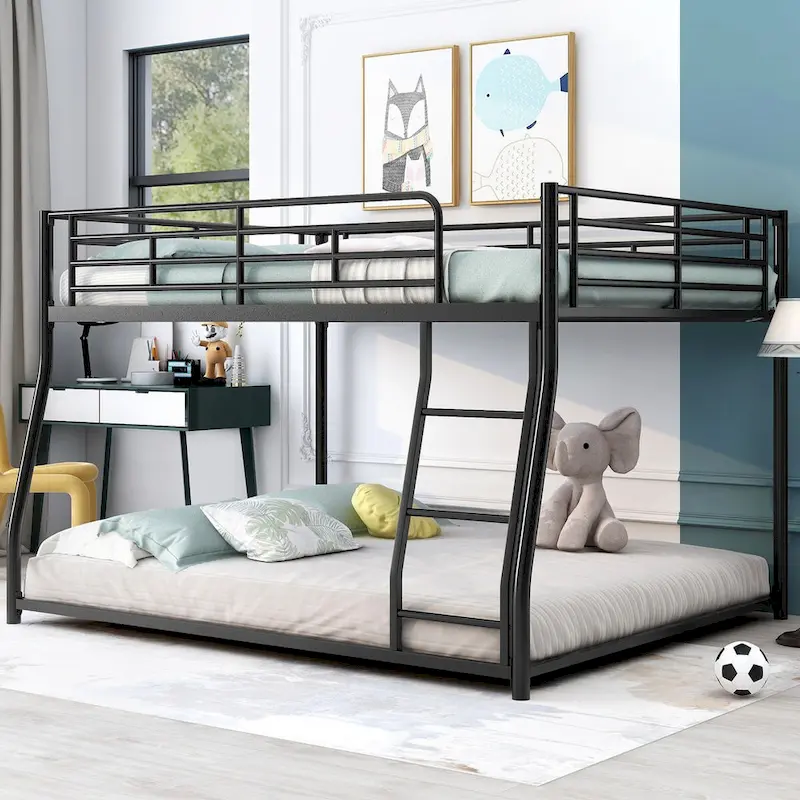 Black Metal Floor Bunk Bed, Twin XL/Full over Queen, Sleeps 2