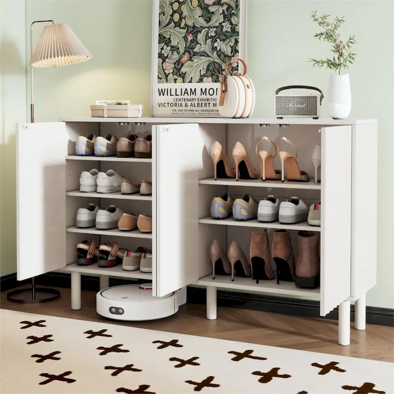 White / Black Fluted 4-Door Storage Cabinet with Adjustable Shelves, 5 Solid Wood Legs, 2-Person Household