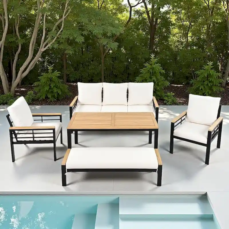 5-Piece Outdoor Patio Iron Conversation Sofa Set with Coffee Table and Bench