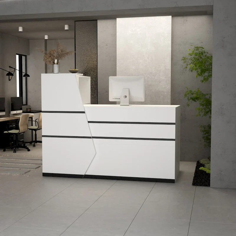 Timechee Reception Desk L-Shaped Counter w/ Lockable Storage, White