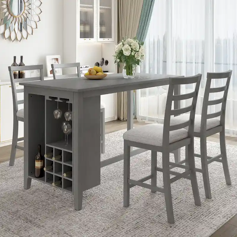 Multi-Functional Counter Height Dining Set Kitchen Bar Dining Table Set with 9 Wine Compartment Wine Glass Holders for Kitchen
