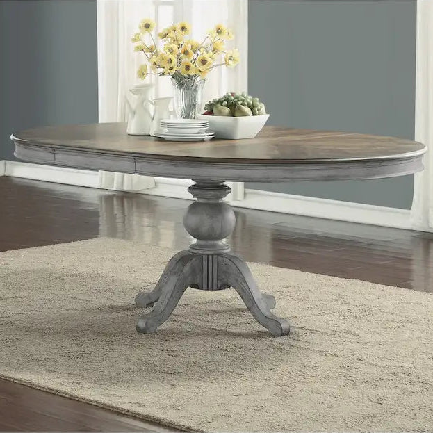 Gray and Brown Wood Pedestal Dining Table with Leaf - 54 Inch Expandable for 4-6 People