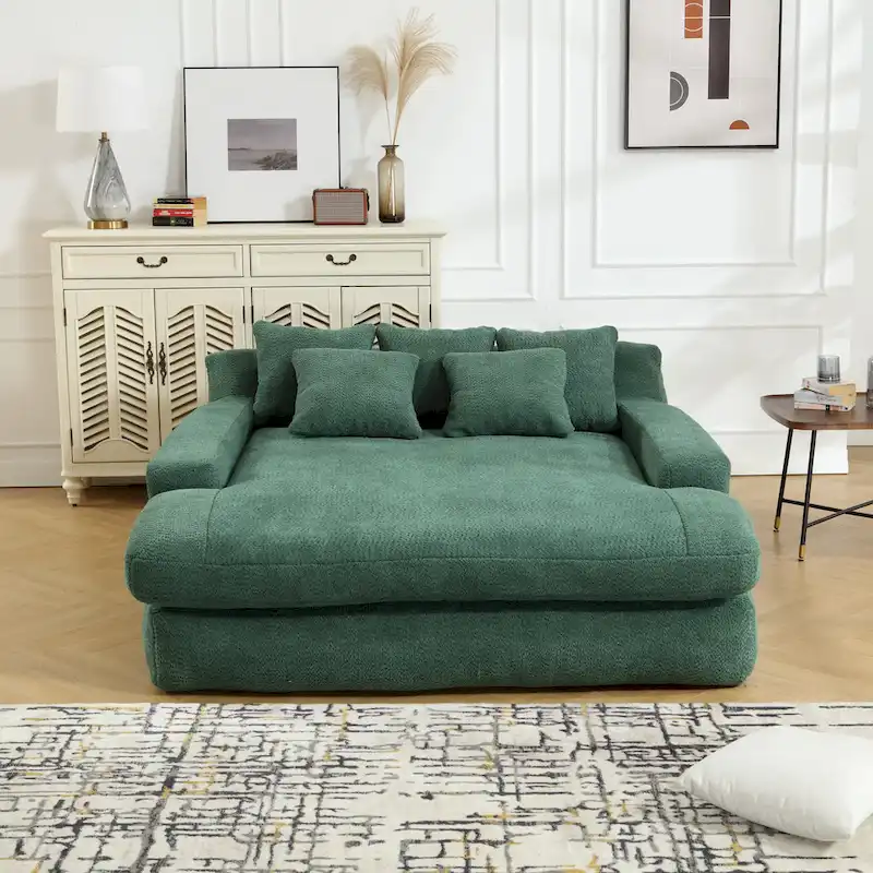 Sofa Bed 2-Seater Chenille Upholstered Deep Seat High-Resilience Foam 5 Pillows No Assembly