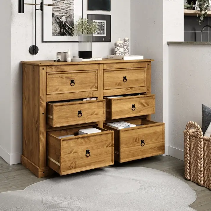 Brown / Grey / White 6-Drawer Solid Pine Wood Dresser, Single