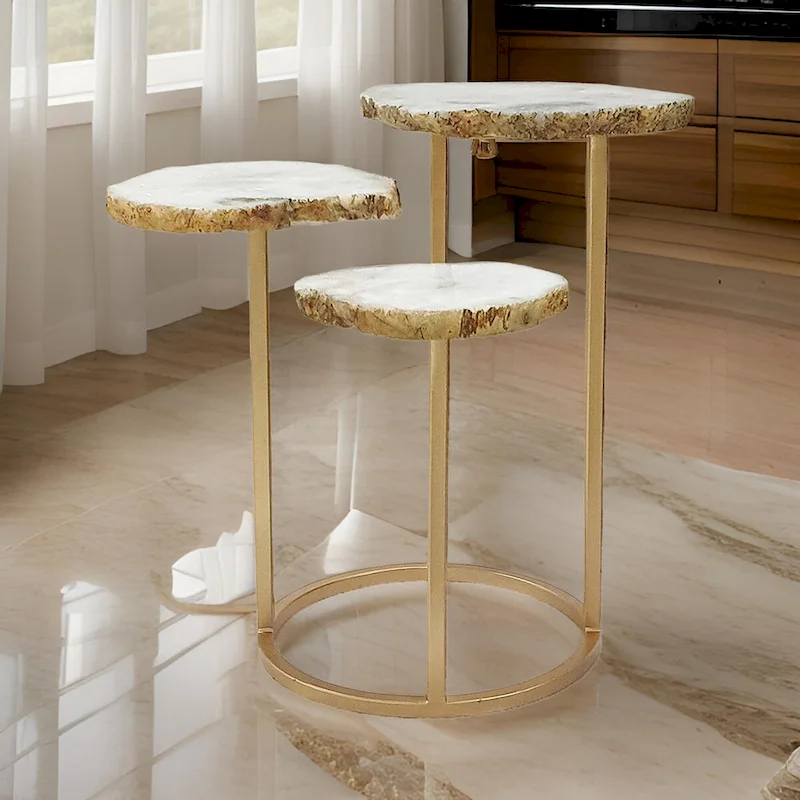 3-Tier Accent Side Table with Agate Top and Iron Base, 18 Inch