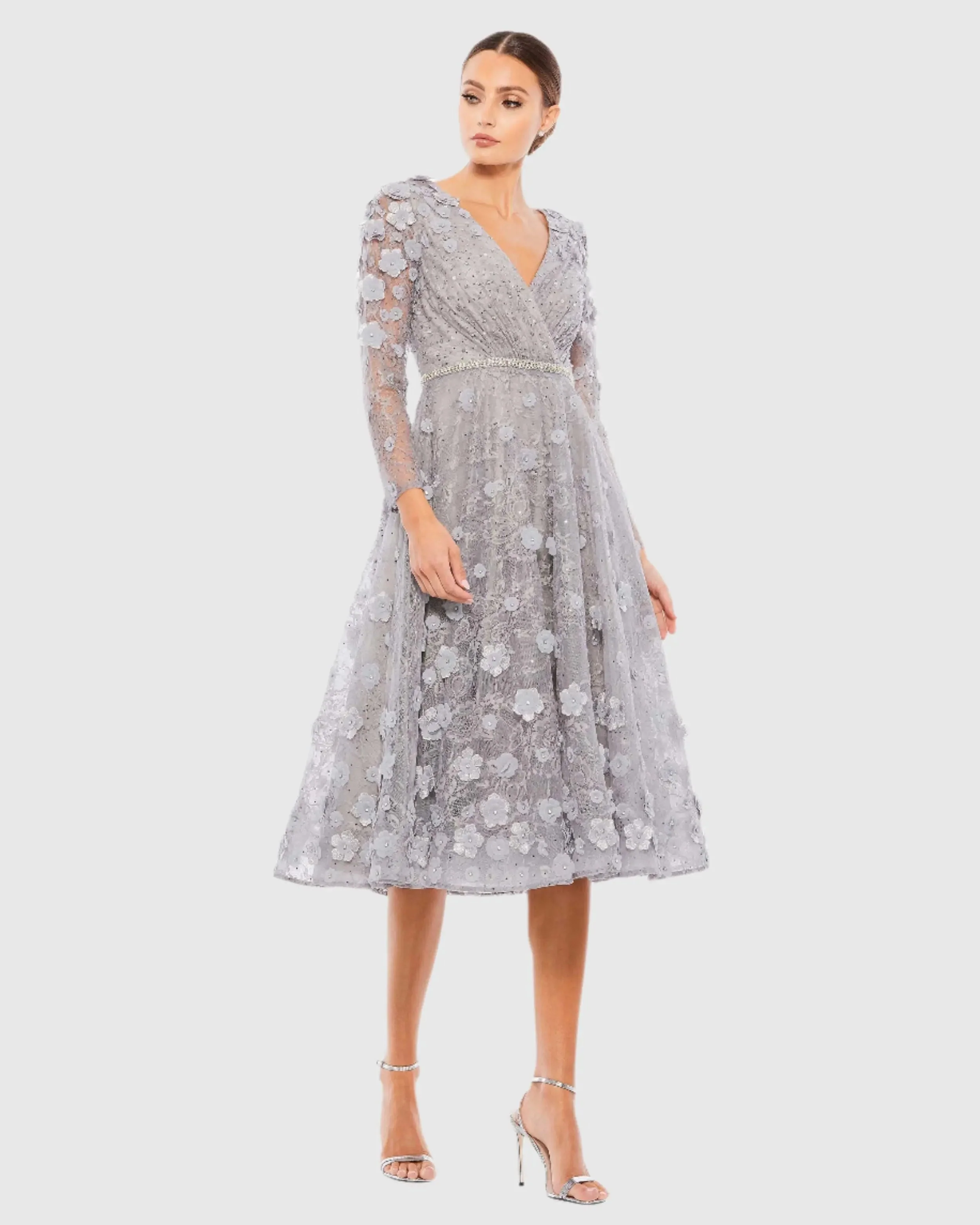 Gray Floral Embellished Lace A-Line Cocktail Dress - FINAL SALE
