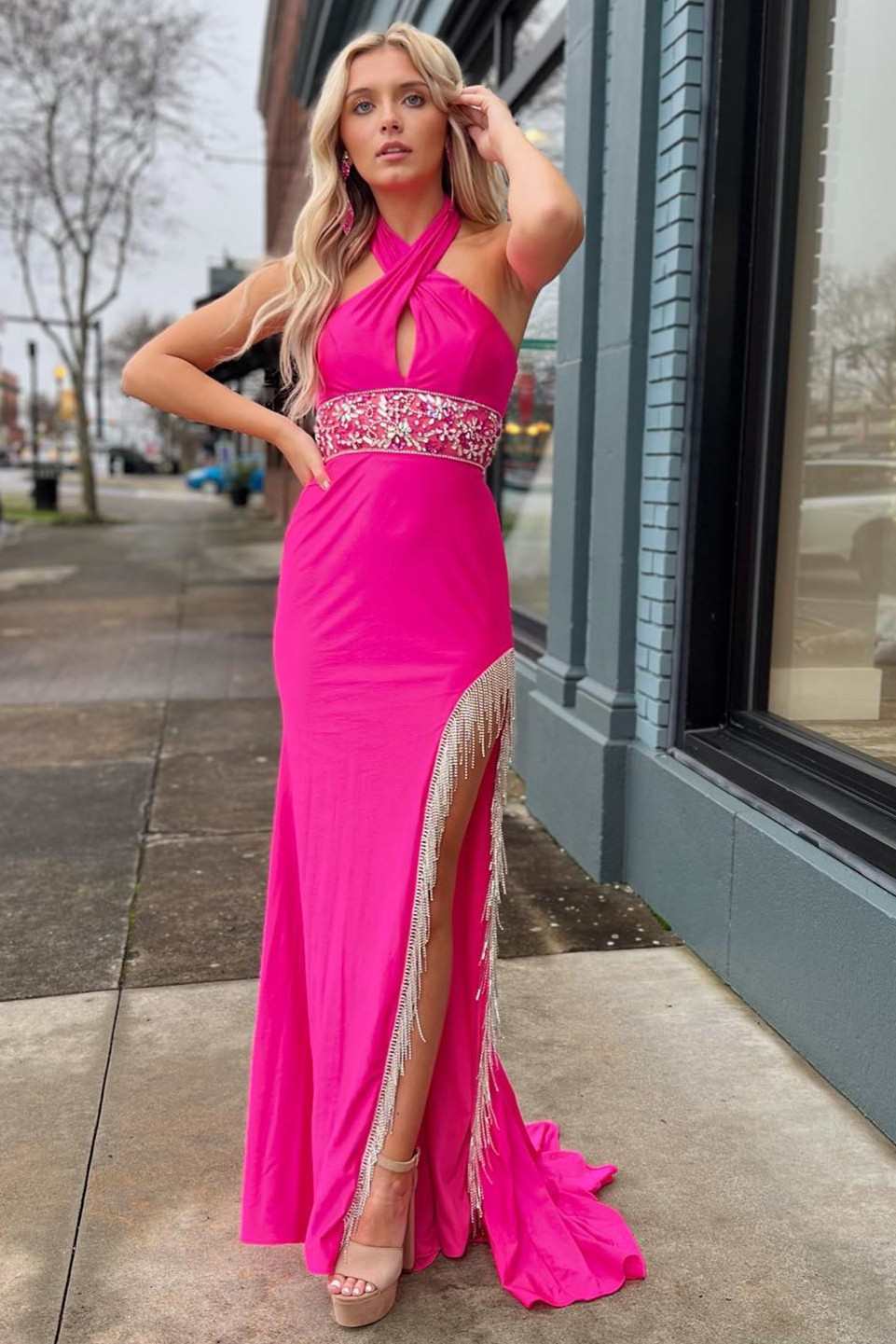 Cross-Front Beaded Fringe Long Prom Dress with Slit