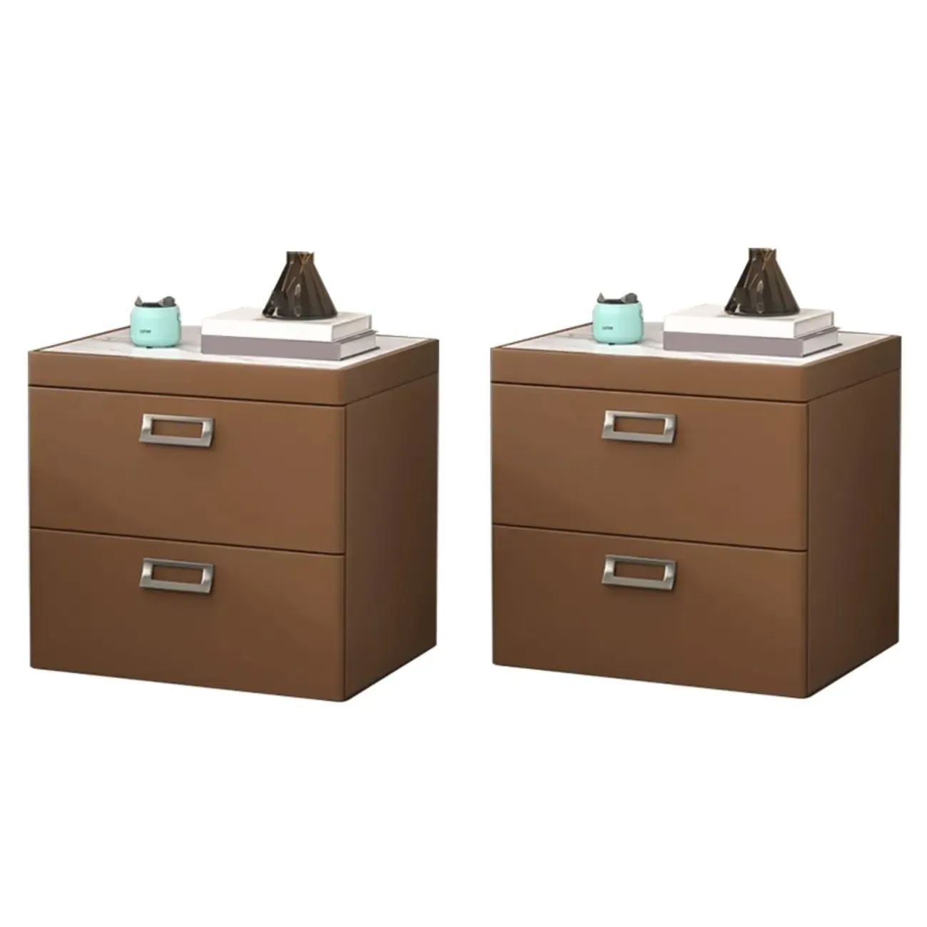 Modern Faux Leather 2 Drawers Nightstand with Stone Top