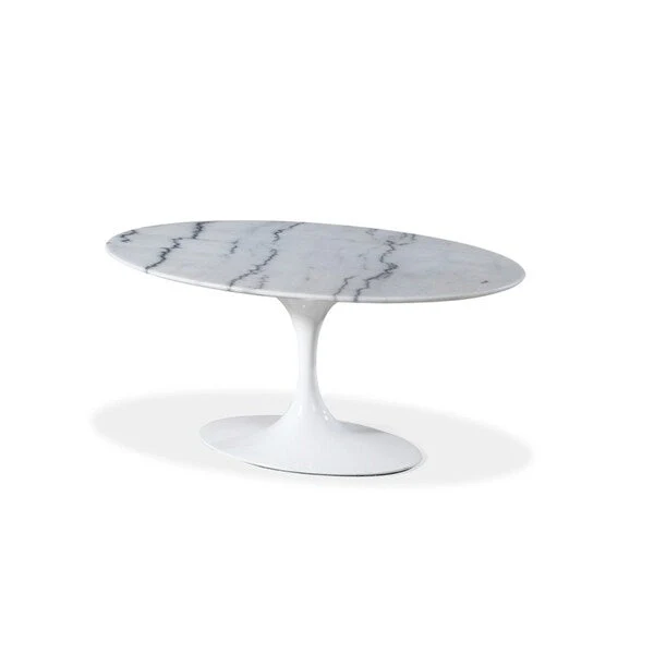 White Oval Marble Top Dining Table with Cast Aluminum Pedestal Base – 4-Person