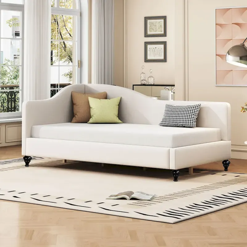 L-Shaped Linen Daybed with Solid Wood Legs