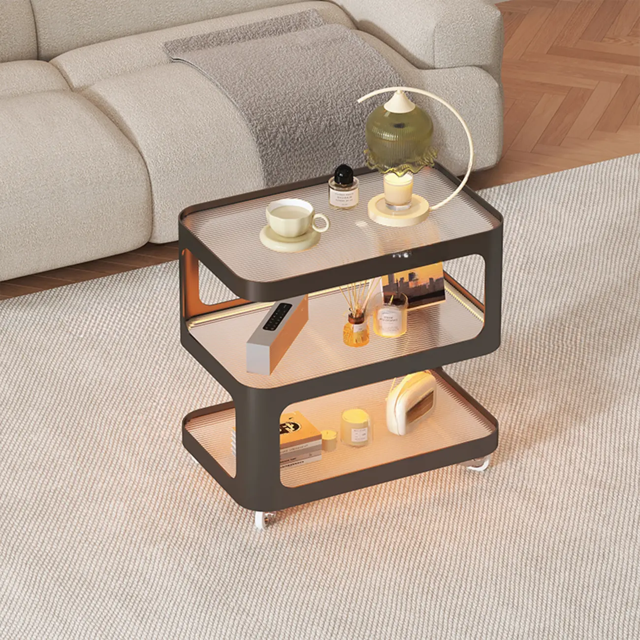 Modern White Glass Shelf 3-Tier Rolling Side Table