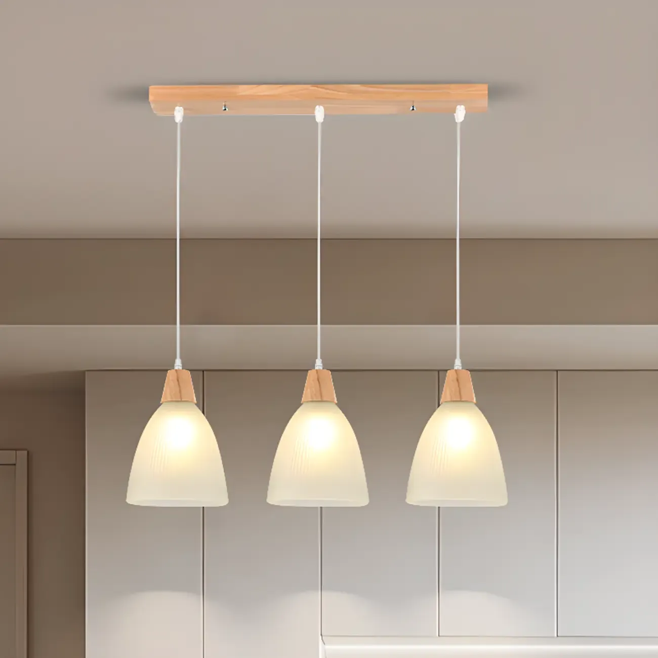 3-Light Modern Glass Wood Island Pendant Light for Kitchen